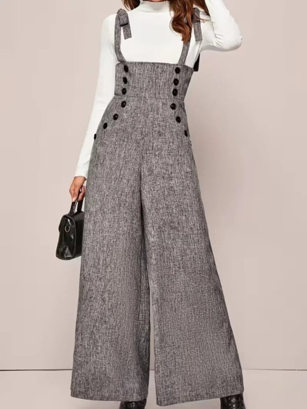 Buttoned Wide-Leg Jumpsuit With Tied Shoulder Straps